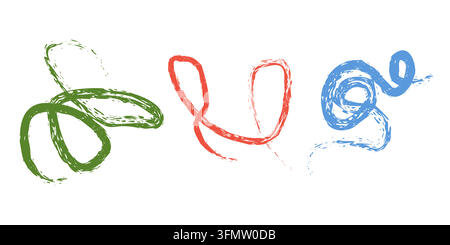 Three abstract colorful brushstroke shapes in green, red, and blue on white background. Expressive freeform line art illustration perfect for modern Stock Vector
