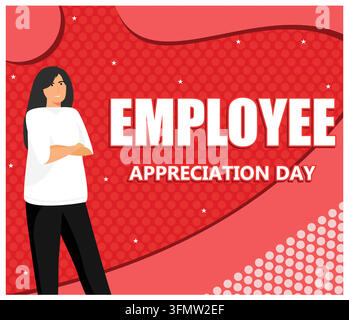 Celebrating Employee Appreciation Day, featuring a smiling woman against a vibrant red background. Perfect for promoting positivity and recognition in Stock Vector