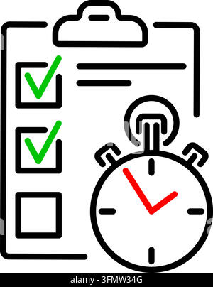 Planning exam time management task done testing education concept. tick in checkbox document on clipboard and stopwatch. correct test solution. succes Stock Vector