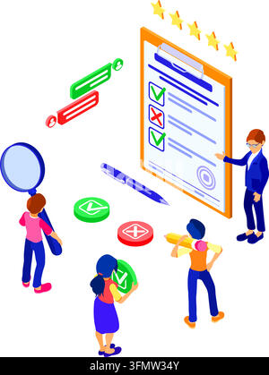 Survey or test banner with isometric characters. feedback online chat. questionnaire form on clipboard. survey research. isometric vector illustration Stock Vector