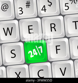 Computer keyboard with a key twenty four hours by seven days Stock Vector