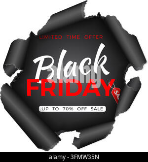 Black Friday Sale Banner. Torn hole in paper with black friday tag on transparent background. Design flier for blackfriday sale. Vector illustration Stock Vector