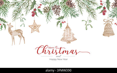 Watercolor Christmas Seamless Border with Hanging Wooden Ornaments and Pine Garland. Rustic Festive Frame Isolated on White Background EPS Stock Vector