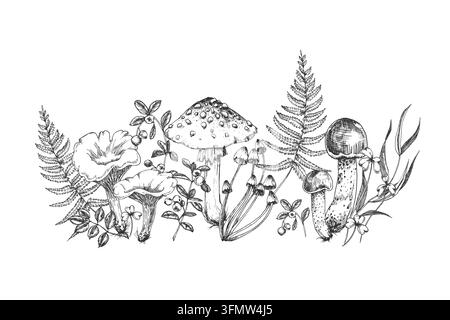 An autumn vector illustration with hand-drawn mushrooms, berries, leaves, and branches. Stock Vector