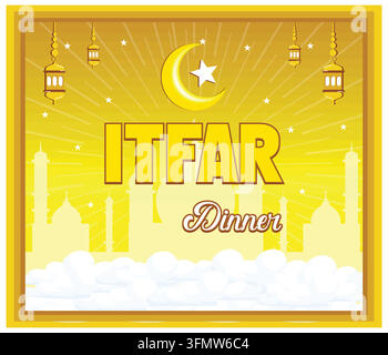 Iftar dinner invitation design with a crescent moon and lanterns. The warm yellow tones and Islamic architecture background create a welcoming atmosph Stock Vector
