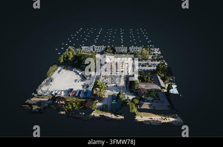 Aerial view of a 3D photogrammetry model showing a construction site with camera positions, buildings, trees, and a parking lot in Richmond, British C Stock Photo