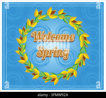 Circular floral wreath with yellow leaves, symbolizing the arrival of spring against a blue background that creates a fresh and welcoming atmosphere. Stock Vector