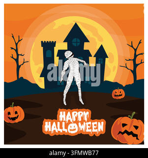 A spooky Halloween scene featuring a mummy, scary pumpkins, and a haunted house. Perfect for Halloween decorations, invitations, or seasonal promotion Stock Vector
