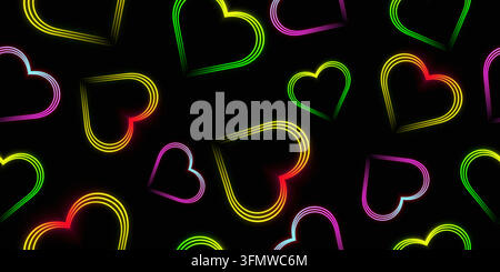 Seamless image of brightly glowing multicolored hearts. Neon glow effect. 3D vector illustration on a black background. Stock Vector