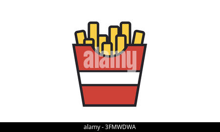 French fries in red paper box packaging vector icon. Black line art with flat color fill style on white background. Stock Vector