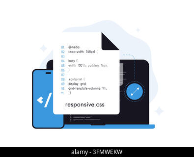 Responsive web design for flexible layouts across desktop, tablet and mobile screens. Responsive design uses HTML, CSS and adaptive layouts for consistent website usability, vector illustration. Stock Vector
