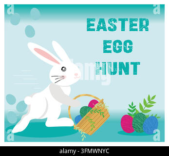 Happy bunny carrying a wicker basket containing Easter eggs, on a soft background. Perfect for Easter themes, kids activities, and holiday celebration Stock Vector