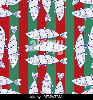 Seamless Pattern of funny Sardines wrapped in Christmas lights on red and green striped background. Holiday fish background, vector illustration Stock Vector