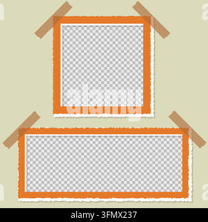 A set of two orange photo frames with rough torn edges, secured with adhesive tape, featuring transparent centers for easy image placement. Stock Vector