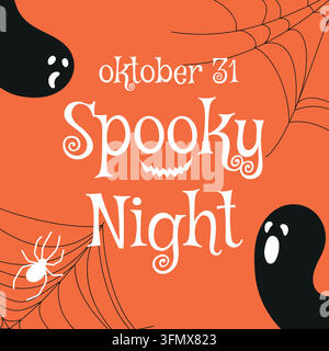 Spooky night. Square orange flyer with 2 funny ghosts and spiders on web. Vector illustration. Stock Vector
