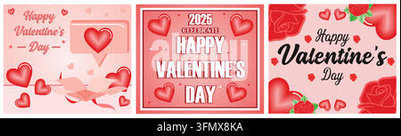 Charming Valentine's Day card. Conveying love and celebration. Red roses and heart elements on a pink background. Set flat vector modern illustration Stock Vector