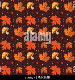 A charming seamless pattern featuring colorful autumn maple leaves in shades of orange and brown, interspersed with whimsical spotted mushrooms. Stock Vector