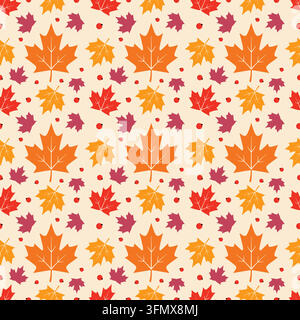 A repeating seamless pattern featuring vibrant orange red and yellow maple leaves on a light cream background perfect for autumn textiles and wrapping Stock Vector