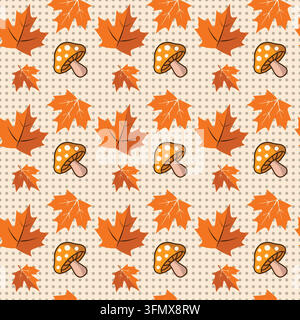 A seamless vector pattern featuring orange autumn maple leaves and cute mushrooms with spotted caps on a light dotted background Stock Vector