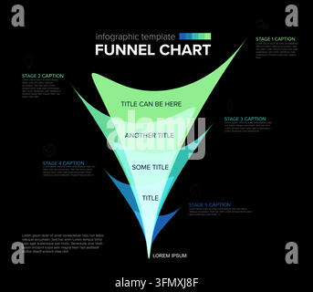A modern funnel chart template featuring five stages in a sleek green and blue design. This funnel chart is ideal for business presentations, marketin Stock Vector