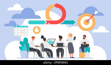 Business team collaborating on agile methodology, sprint planning, workflow management, calendar scheduling, analytics and target achievement in modern office scene vector illustration Stock Vector