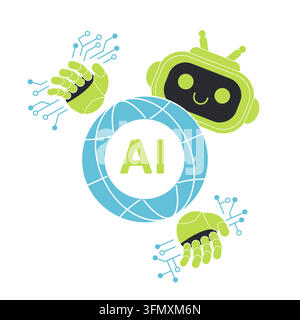 Friendly robot with circuit hands around AI globe icon, showing artificial intelligence, automation, technology, innovation and digital future isolated on white background vector illustration Stock Vector
