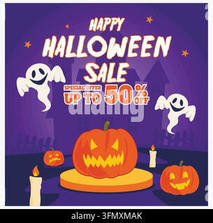 Halloween sale banner featuring spooky ghosts, jack o lanterns, and discount details. Perfect for holiday promotions and festive advertising campaigns Stock Vector