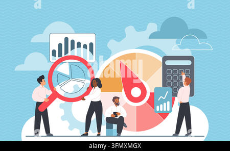 Business team reviews benchmarking metrics with charts, gauge, calculator and magnifier for analytics, reporting, finance and strategy planning on blue background vector illustration Stock Vector