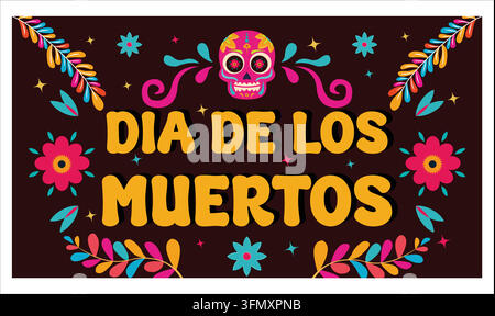Vibrant Dia de los Muertos design featuring colorful floral patterns and a decorative skull. Celebrating the Mexican Day of the Dead festival with liv Stock Vector