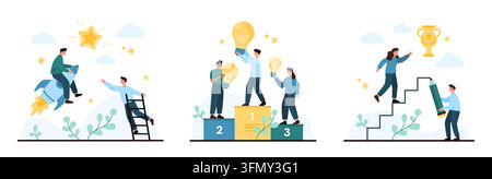 Collection of business success scenes with rocket launch, podium ideas, staircase progress and trophy achievement, isolated on white background vector illustration Stock Vector