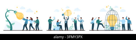 Collection of business people developing bright ideas, carrying giant light bulbs and unlocking creativity in teamwork scenes, isolated on white background vector illustration Stock Vector
