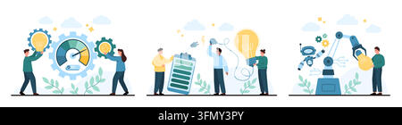 Three business concept scenes show creativity, idea generation, battery charging and robotic innovation with people, light bulbs, gauge, and technology isolated on white background vector illustration Stock Vector