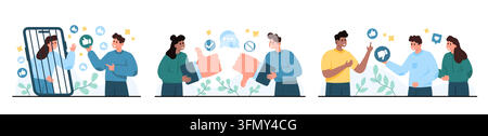 Three social media addiction scenes show phone dependence, approval seeking, and online interaction habits with trapped user, likes, chat icons, isolated on white background vector illustration Stock Vector