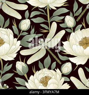 Botanical Blossom Dragonfly Seamless Pattern Ornamental Vector Stock Vector