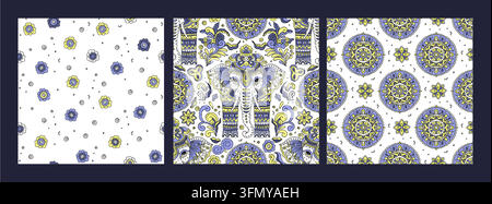 Elephant Floral Seamless Pattern Set Vintage Vector Stock Vector