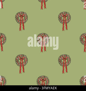 Christmas Wreath Bow Seamless Pattern Decorative Vector Stock Vector