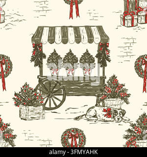 Christmas Market Cart Toile Seamless Pattern Festive Vector Stock Vector