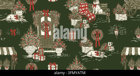 Christmas Panoramic Toile Seamless Pattern Traditional Vector Stock Vector
