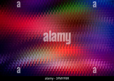 Abstract colorful cyberspace background featuring a rippled hexagonal texture in vivid red, blue, purple, and green light, evoking virtual reality, fa Stock Photo