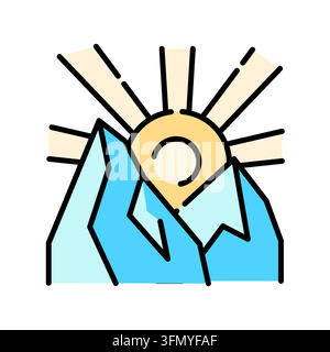 Minimal sunrise in mountains icon in outline style. Editable stroke vector illustration suitable for nature, hiking, travel, landscape, camping, outdo Stock Vector