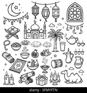 Ramadan Iftar Doodle Collection with Lanterns, Dates, Prayer Rug and Traditional Food Stock Vector