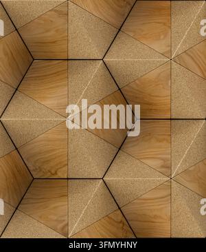 High-quality seamless texture of interlocking 3D hexagons made from natural oak wood and cork. Geometric eco material background for wall panel, floor Stock Photo