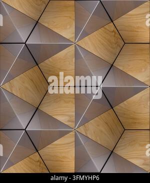 Seamless geometric texture of oak wood and metallic triangular panels arranged in hexagonal patterns, creating a modern eco-inspired surface for wall, Stock Photo