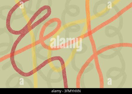 Abstract pastel composition featuring textured coral, yellow, and muted green looping lines layered across a soft background, creating an organic hand Stock Photo
