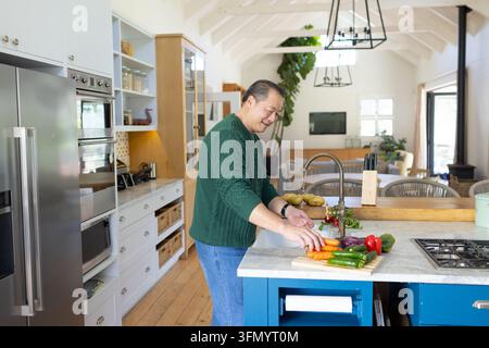 Mature Asian man chopping carrots, cucumbers and peppers on wooden cutting board at kitchen island Stock Photo