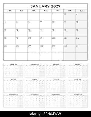Weekly Layout Horizontal Minimalist calendar template for February 2027, vector calendar in ...