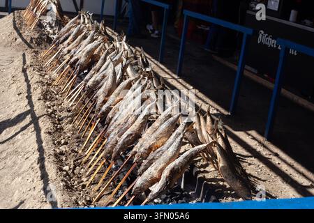 Traditional Bavarian Steckerlfisch mackerel roasted on a charcoal grill at the Fischer-Vroni tent during the Munich Oktoberfest festival in Germany. Stock Photo