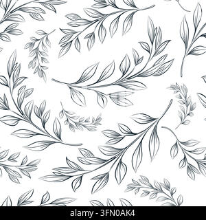 Vector hand drawn sketch autumn foliage seamless pattern. Elegant linear graphic layout with fall tree leaves on white background. Creative design bac Stock Vector