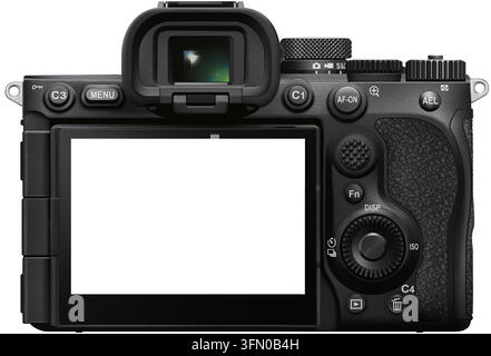 Photorealistic detailed black modern digital mirrorless camera overlay mockup isolated on transparent background. Back view. Vector illustration png Stock Vector