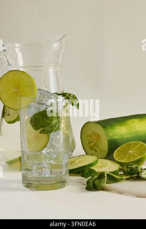 Detox water with cucumber, mint, and lime in a glass and pitcher Stock Photo